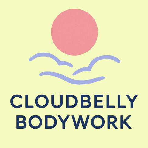 Cloudbelly Bodywork Logo of a pink circle with purple cloud-like wiggles beneath. Below there is CLOUDBELLY BODYWORK in dark blue. the background is a light lime green.